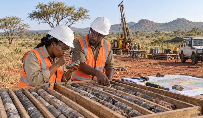 Nigerian geologists inspecting mineral core samples at a savannah exploration camp.